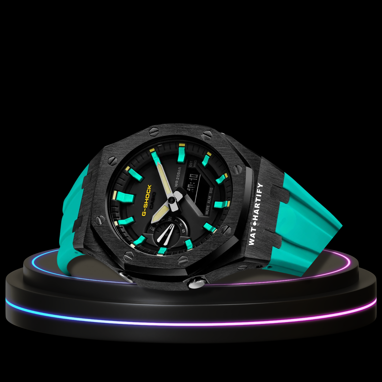 G-SHOCK Casio GA2100 | Black Series Midnight Black Dial Tiffany Blue Marker | Tiffany Blue Rubber