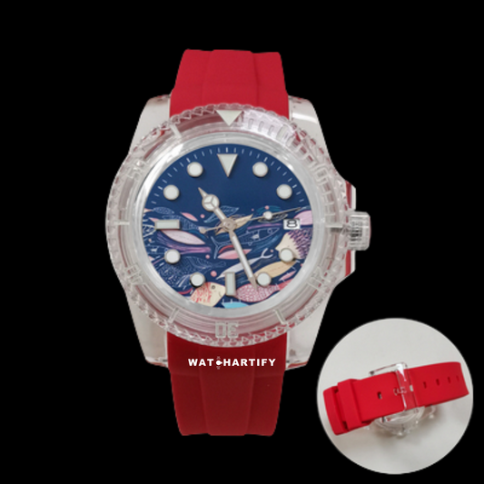 Watchartify Series Sea Blue Face 40MM NH35 Automatic Movement Red Rubber