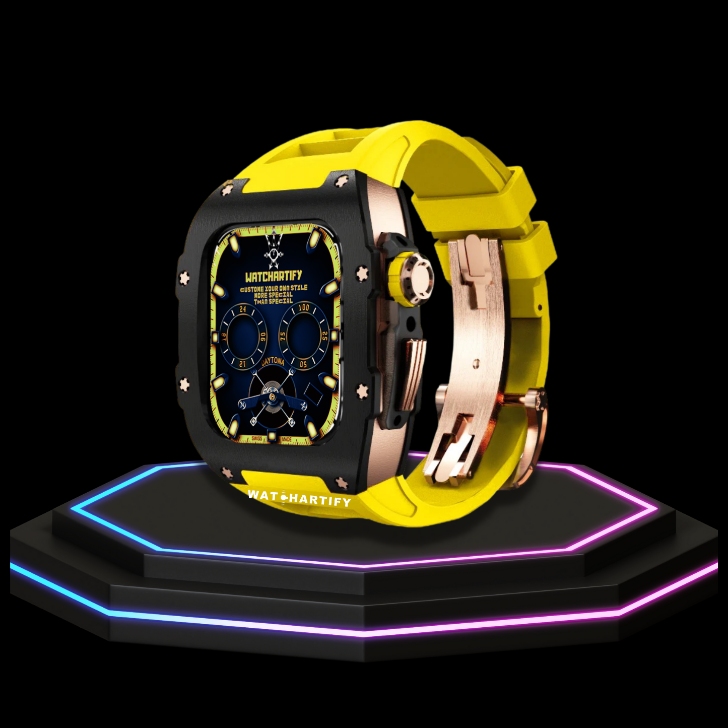 Apple Watch Case 44MM - TITAN Series Midnight Black Royal Rose Gold Titanium | Yellow Rubber