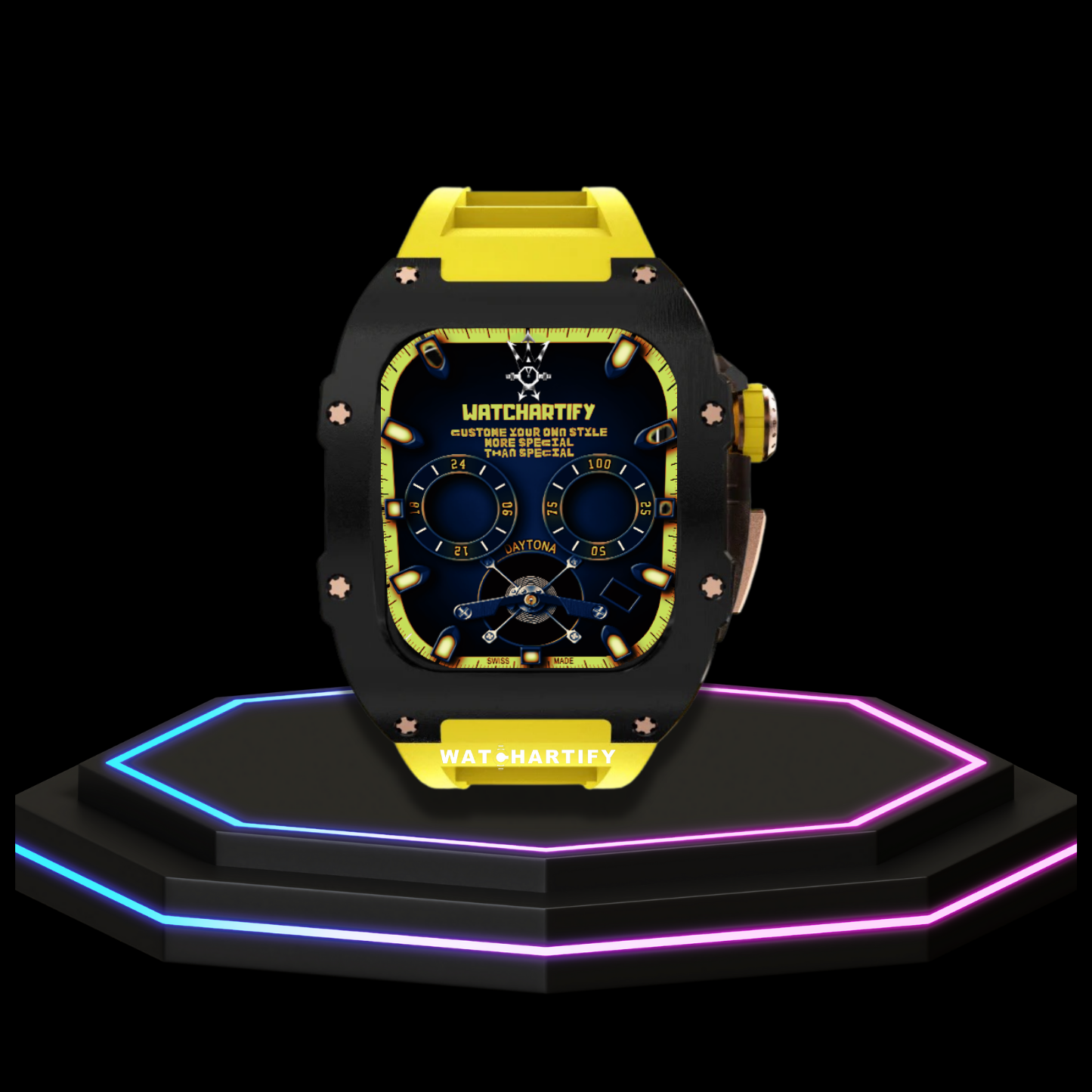 Apple Watch Case 44MM - TITAN Series Midnight Black Royal Rose Gold Titanium | Yellow Rubber