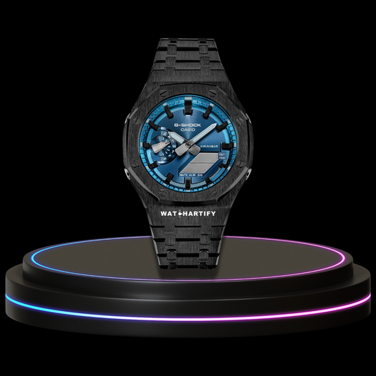 G-SHOCK Casio GA2100 | Black Series Metallic Tiffany Deep Blue Dial Midnight Black Marker | Dark Stainless Steel Strap