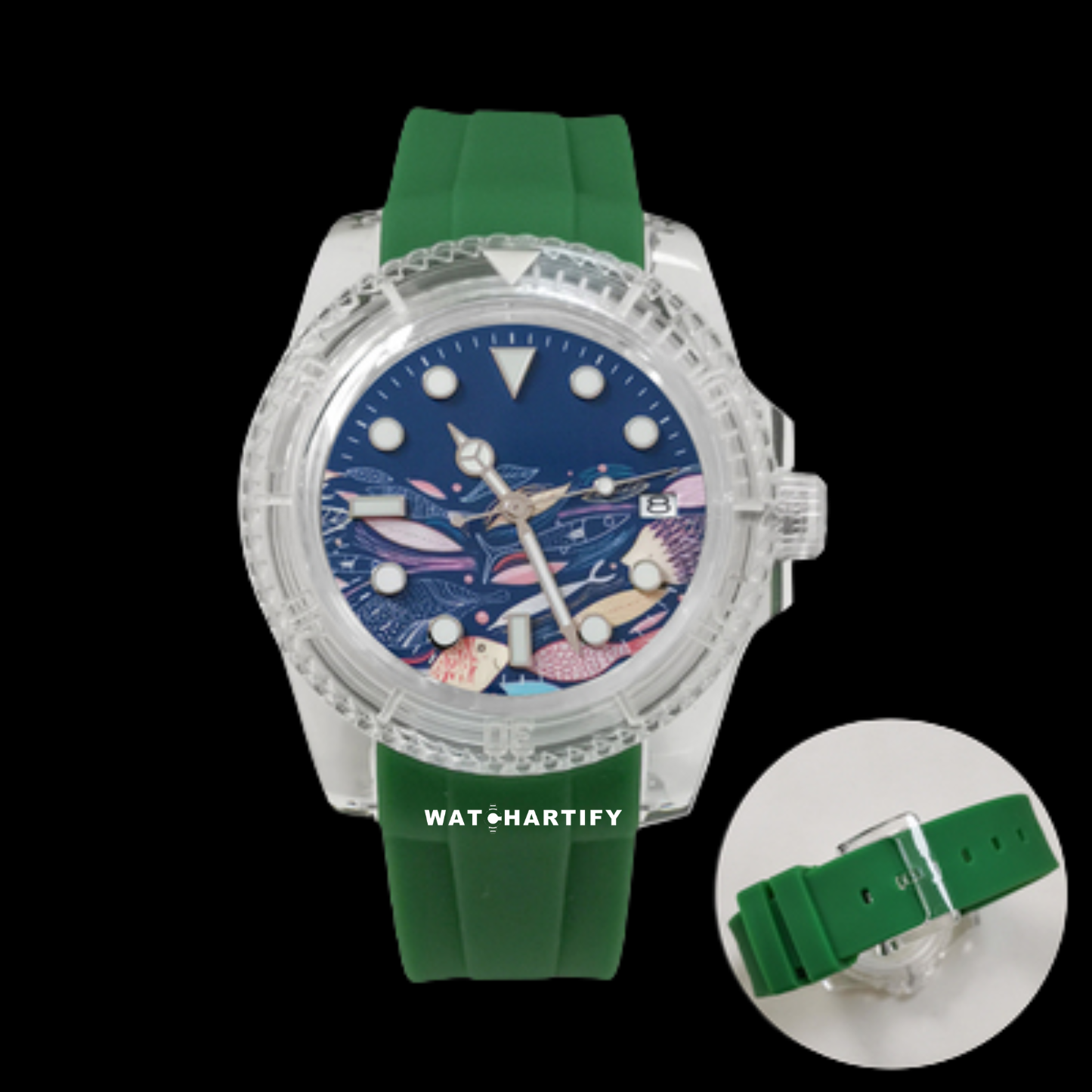 Watchartify Series Sea Blue Face 40MM NH35 Automatic Movement Green Rubber