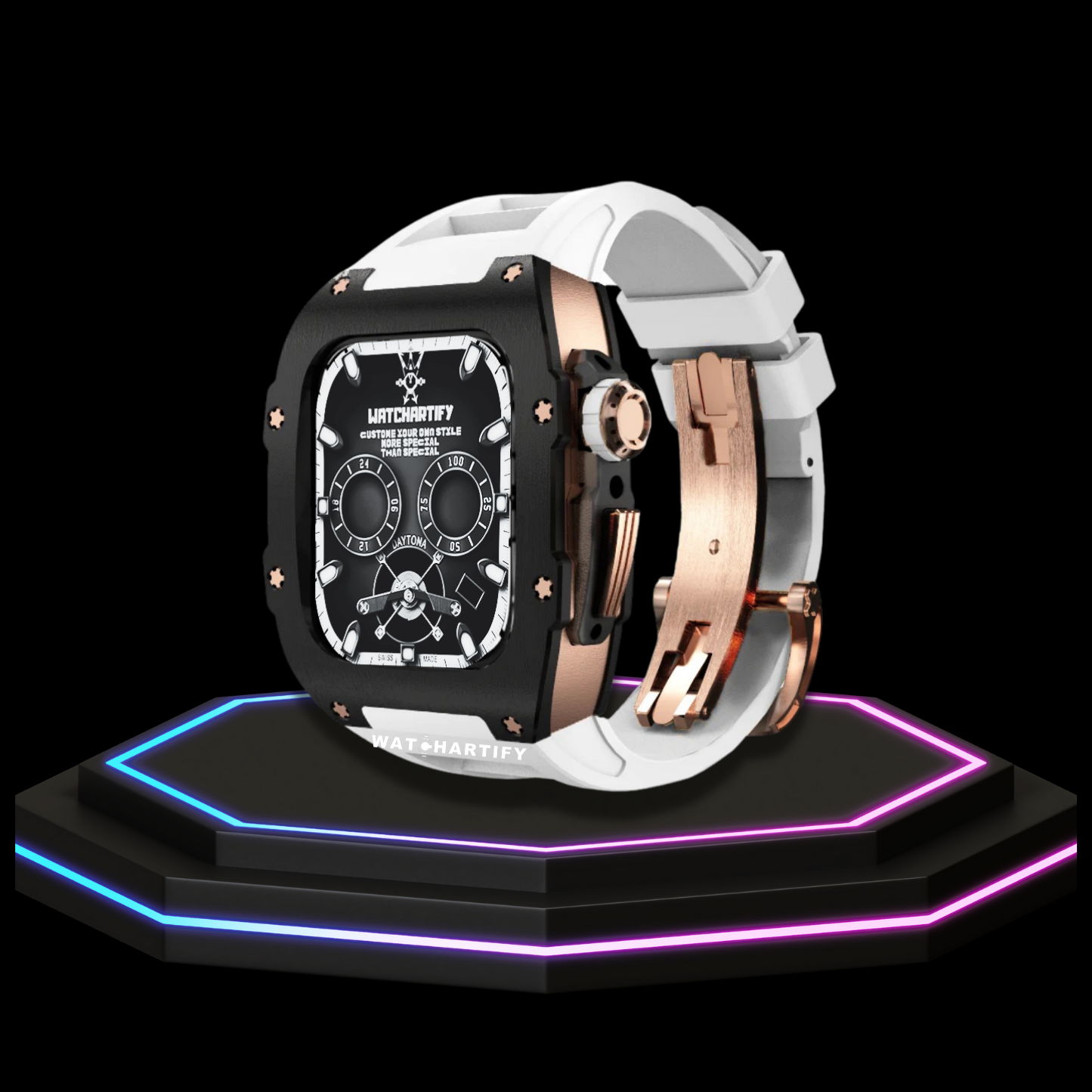 Apple Watch Case 44MM - TITAN Series Midnight Black Royal Rose Gold Titanium | Snow White Rubber