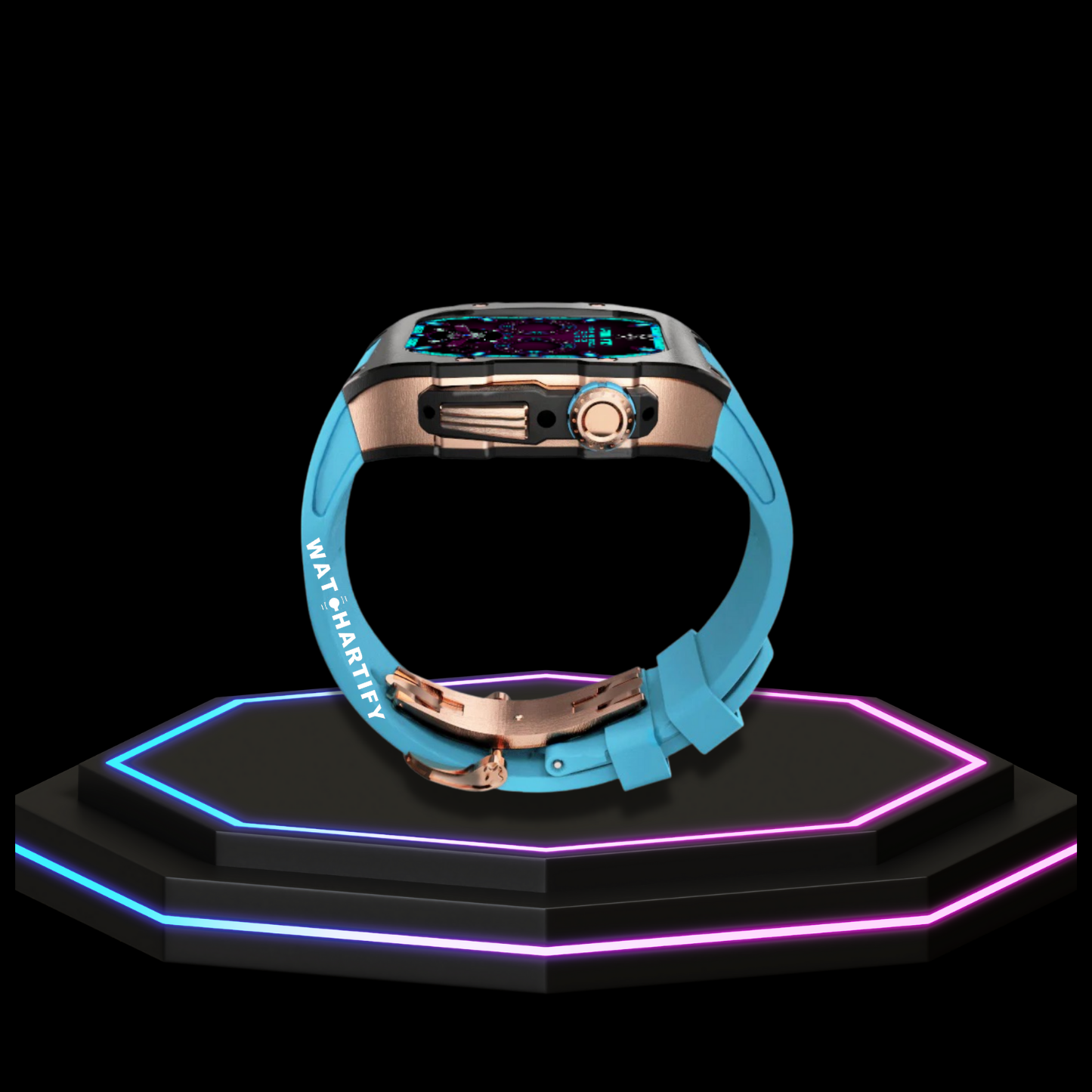 Apple Watch Case 44MM - TITAN Series Midnight Black Royal Rose Gold Titanium | Tiffany Blue Rubber