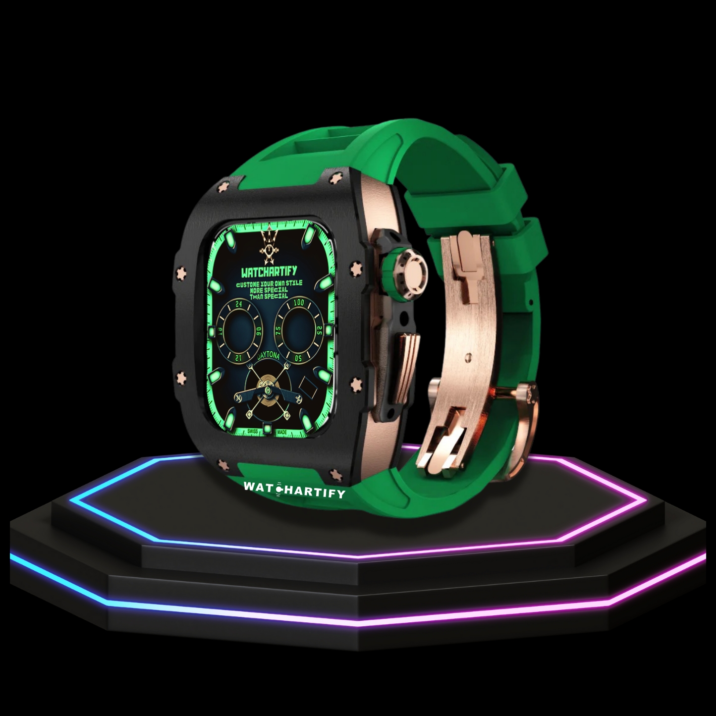 Apple Watch Case 44MM - TITAN Series Midnight Black Royal Rose Gold Titanium | Green Rubber