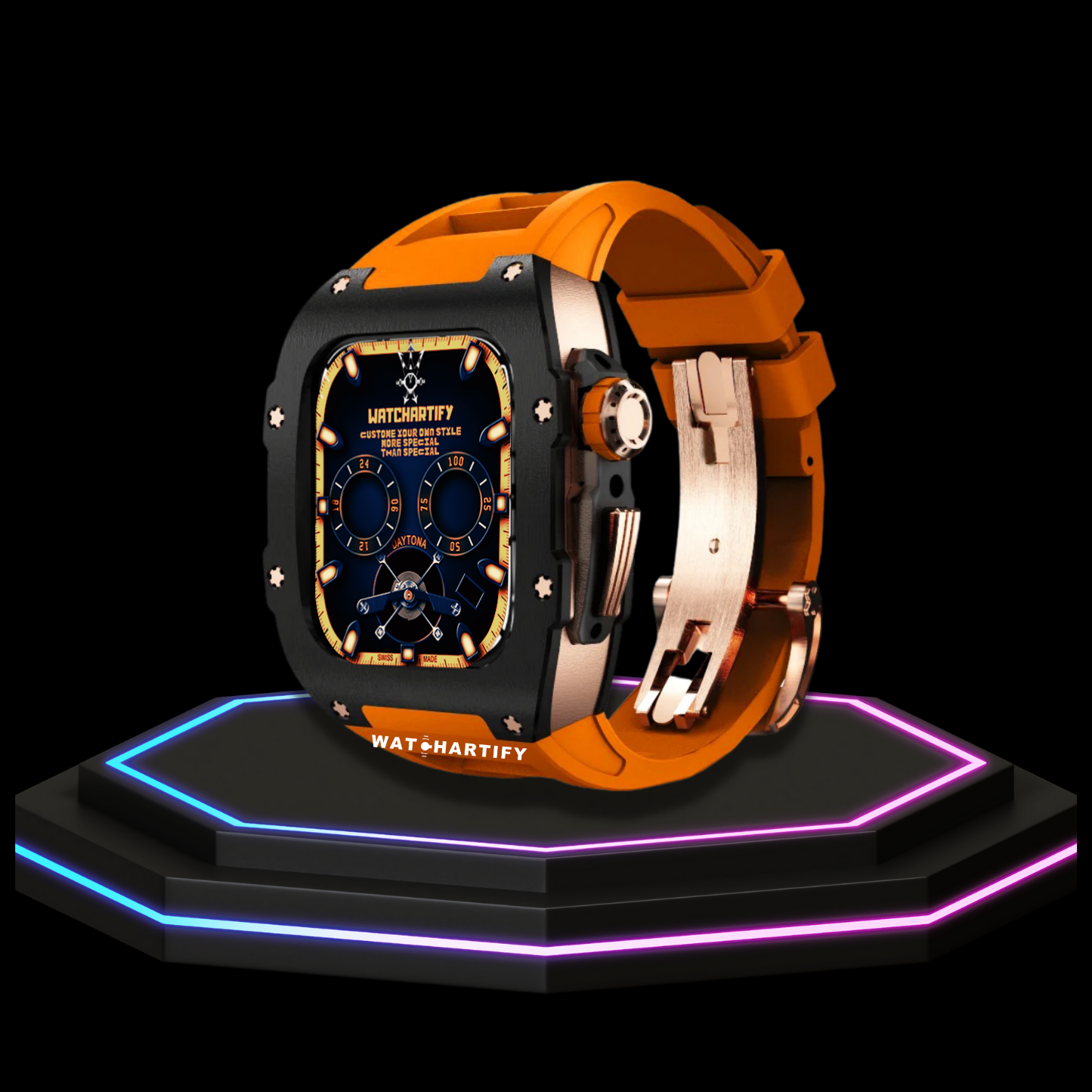 Apple Watch Case 44MM - TITAN Series Midnight Black Royal Rose Gold Titanium | Sunset Orange Rubber