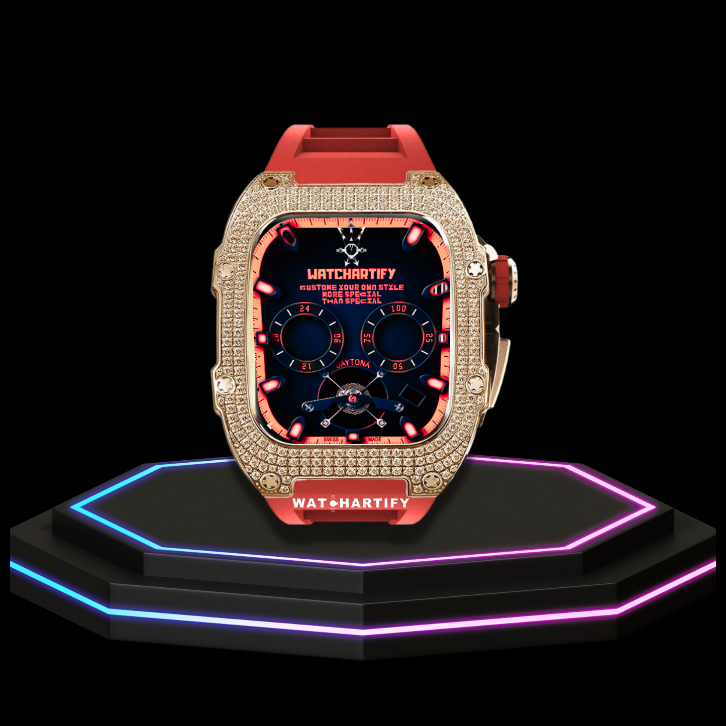 Apple Watch Case 44MM - Crystal TITAN Series Golden | Scarlet Red Rubber