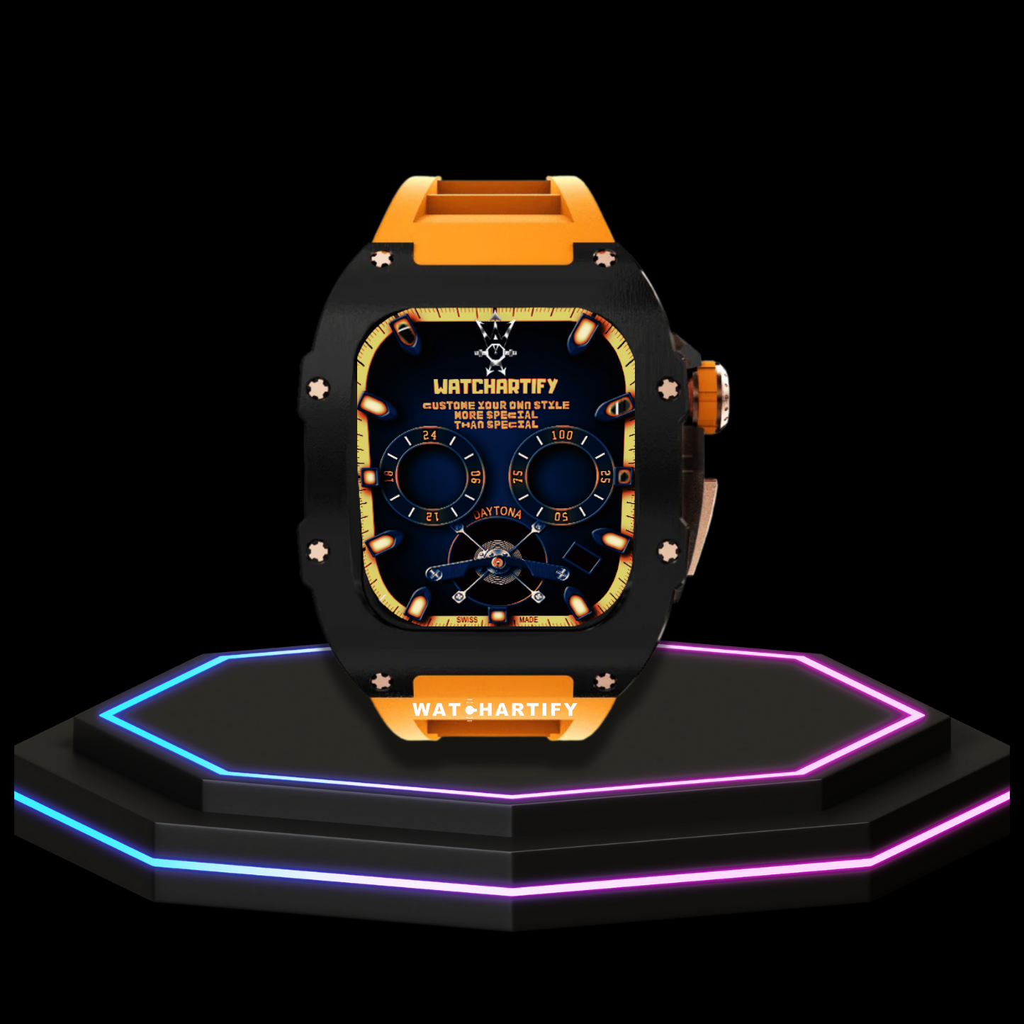 Apple Watch Case 44MM - TITAN Series Midnight Black Royal Rose Gold Titanium | Sunset Orange Rubber