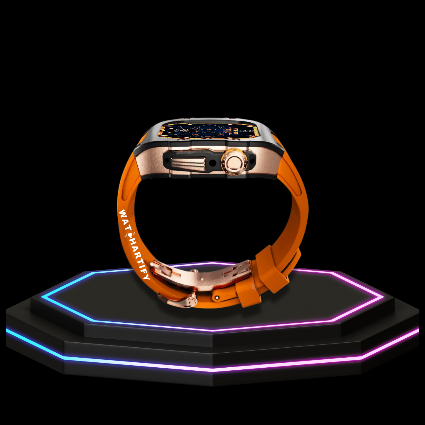 Apple Watch Case 44MM - TITAN Series Midnight Black Royal Rose Gold Titanium | Sunset Orange Rubber