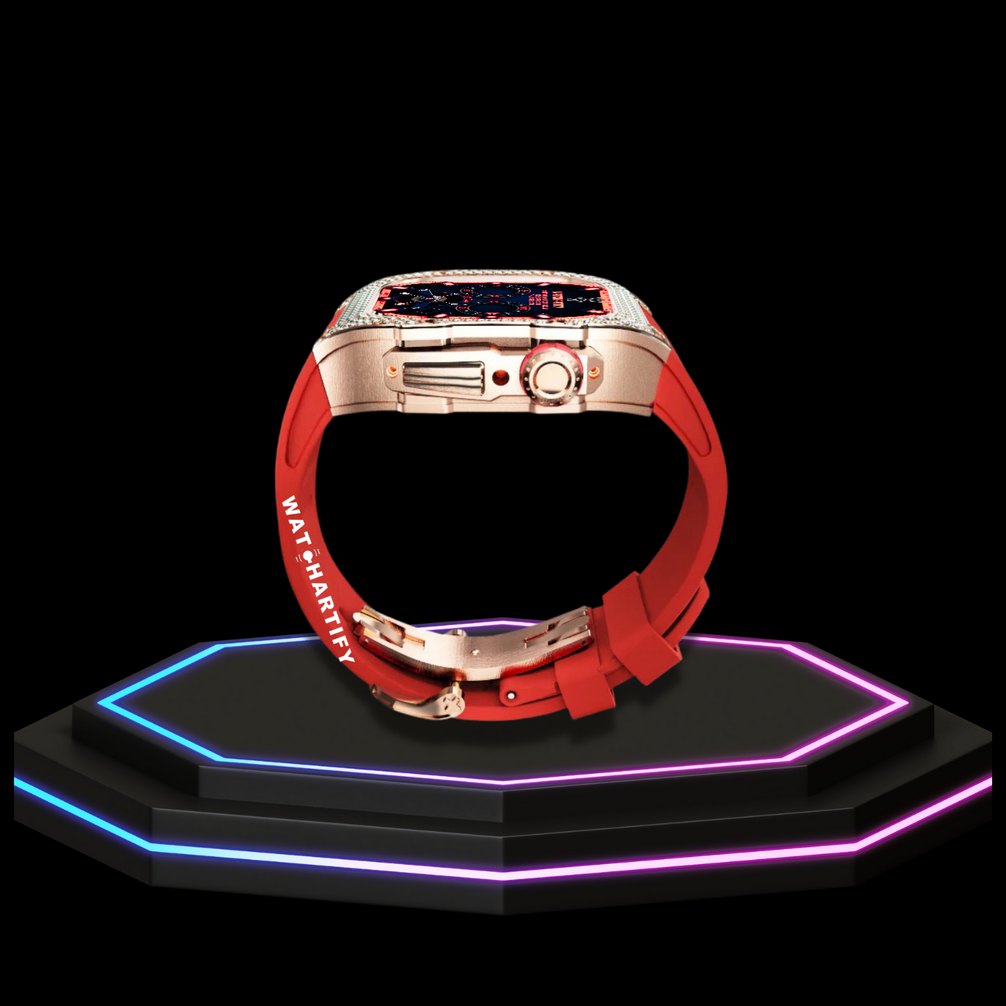 Apple Watch Case 45MM - Crystal TITAN Series Golden | Scarlet Red Rubber