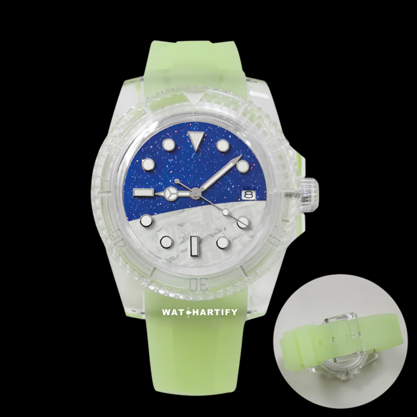 Watchartify Series Space Face 40MM NH35 Automatic Movement Transparent Light Green Rubber