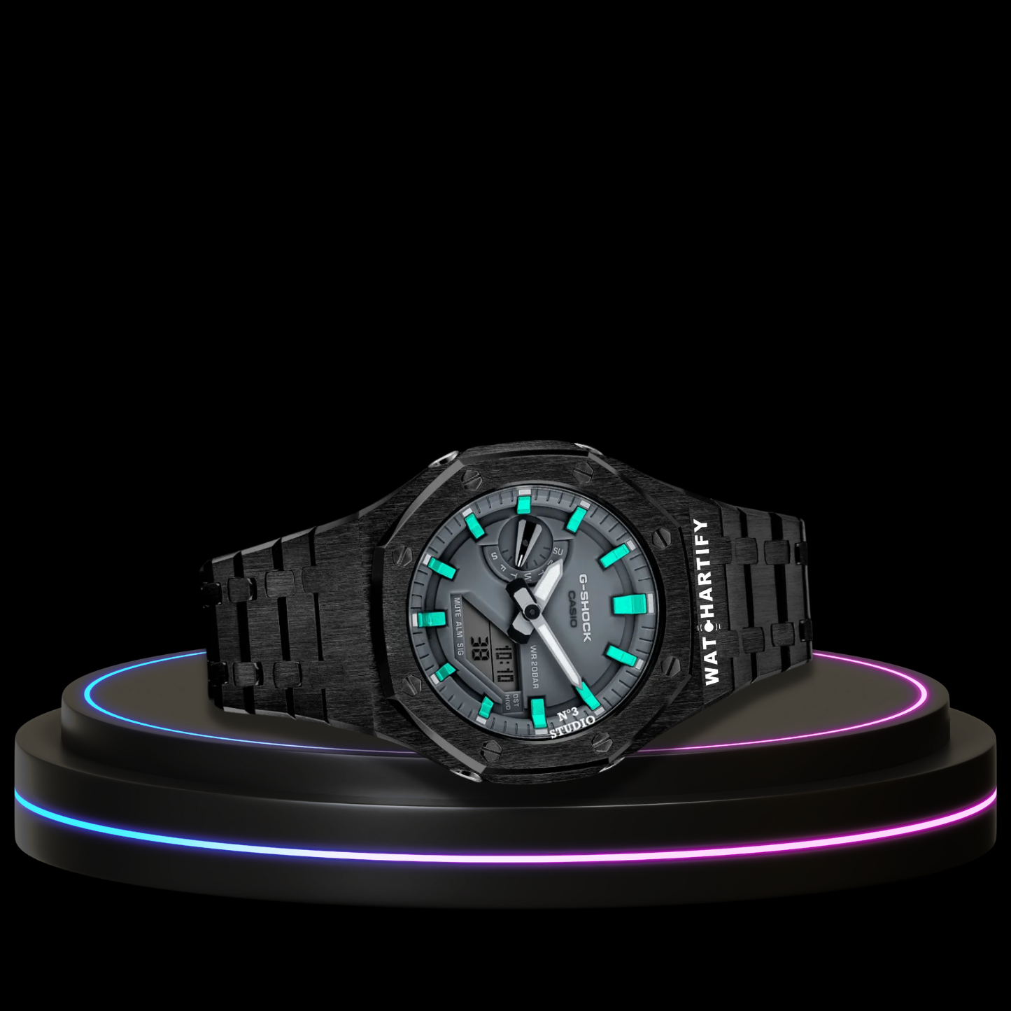 G-SHOCK Casio GA2100 | Black Series Grey Dial Tiffany Blue Marker | Dark Stainless Steel Strap