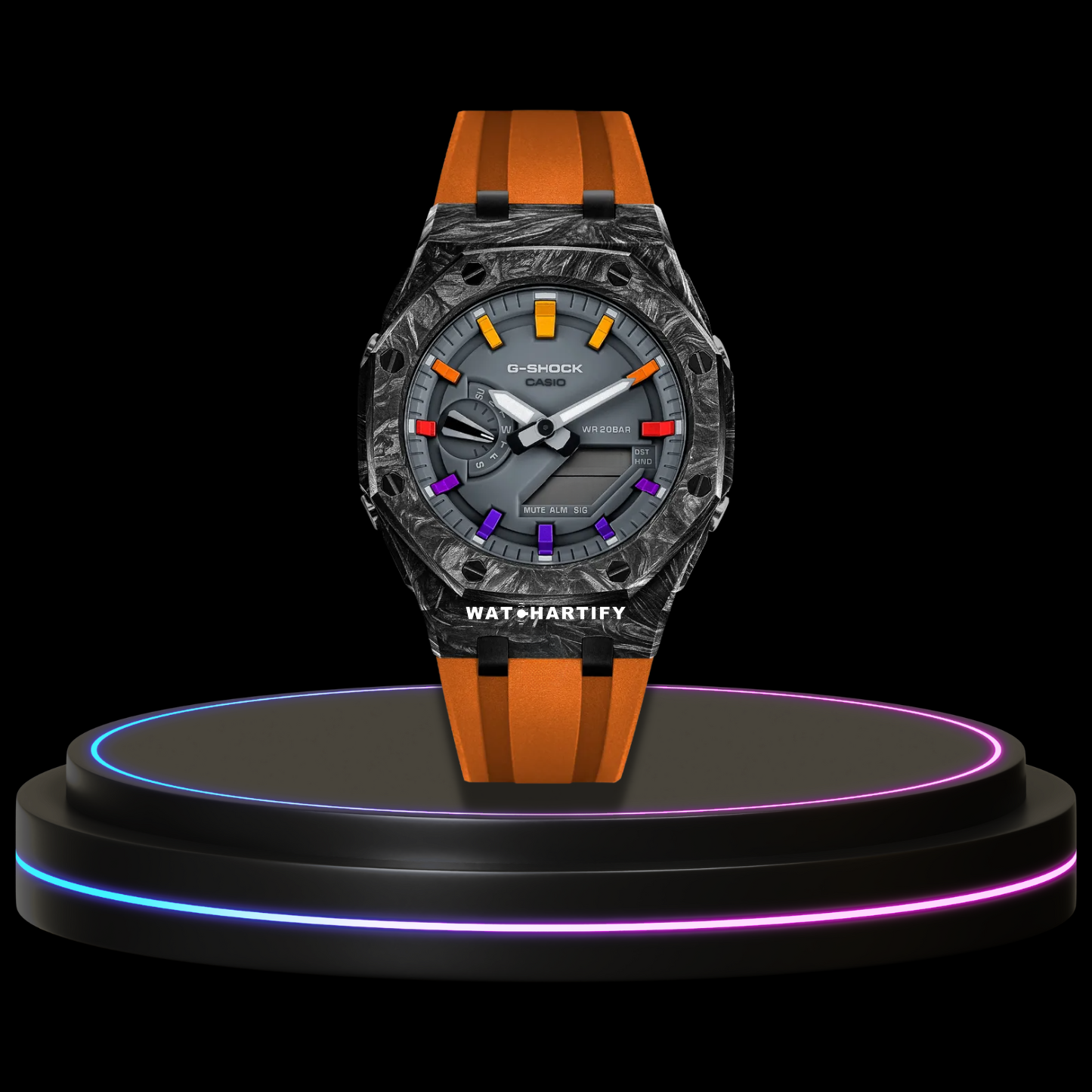 G-SHOCK Casio GA2100 | CARBON FIBER Series Carbon Fiber Mod Grey Dial Rainbow | Sunset Orange Rubber