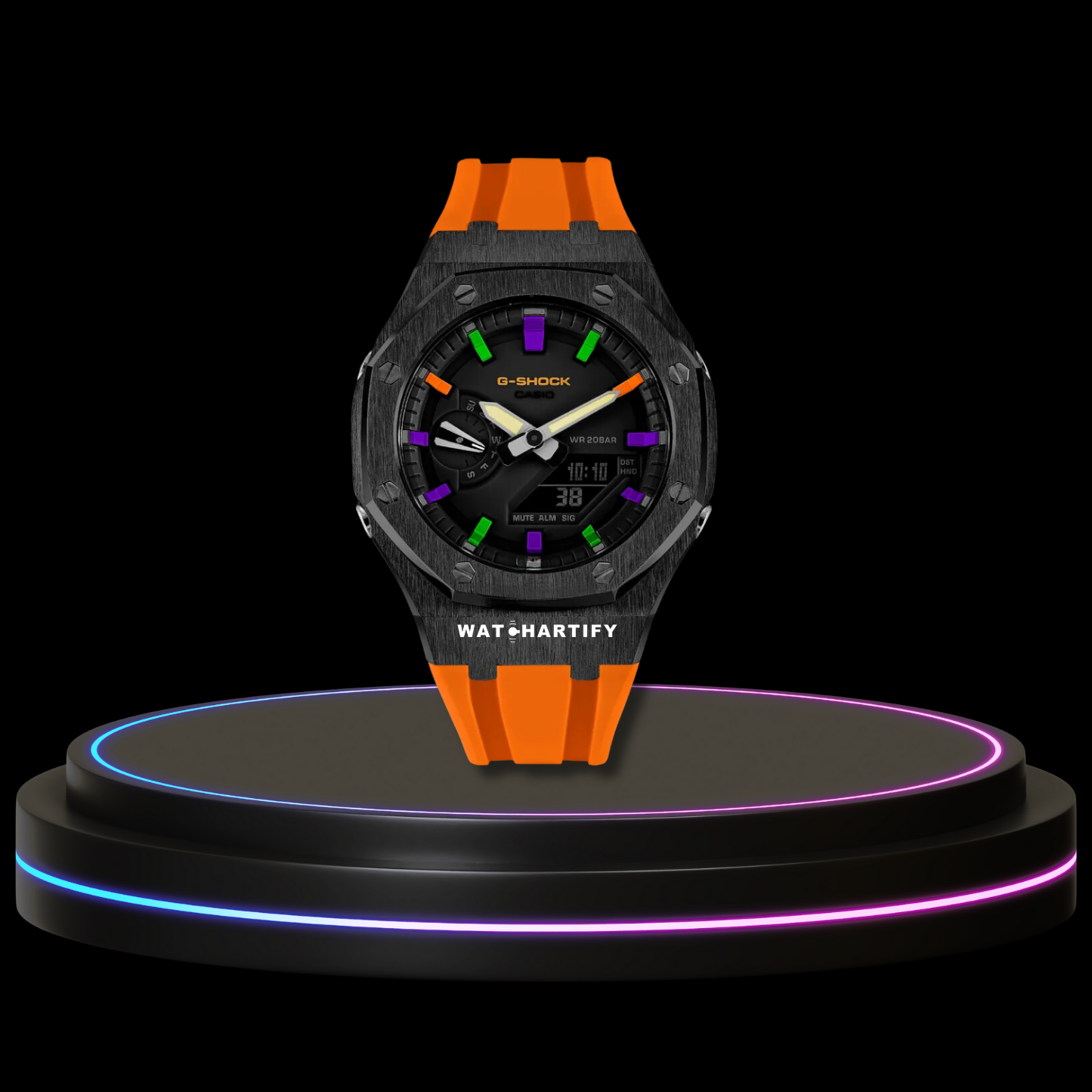 G-SHOCK Casio GA2100 | Black Series Midnight Black Dial Rainbow Marker | Sunset Orange Rubber