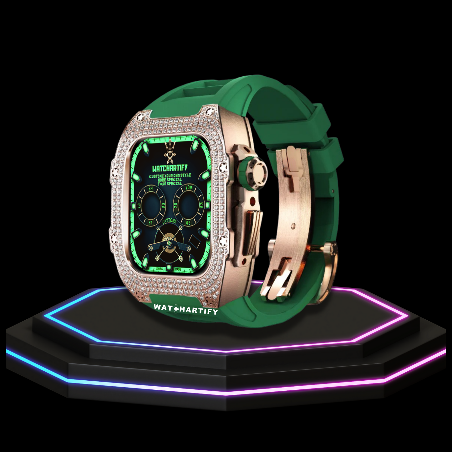 Apple Watch Case 44MM - Crystal TITAN Series Golden | Grass Green Rubber