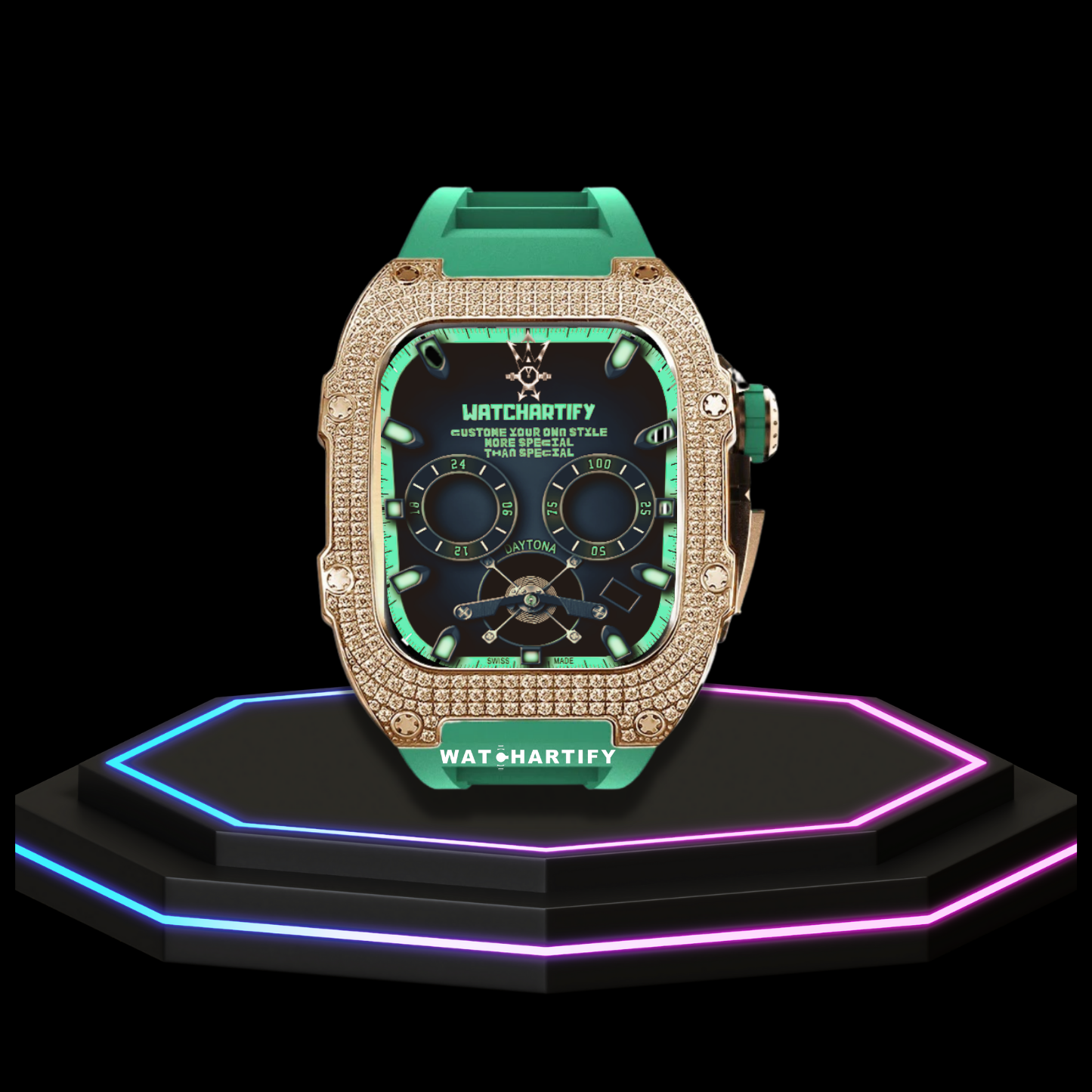 Apple Watch Case 45MM - Crystal TITAN Series Golden | Grass Green Rubber