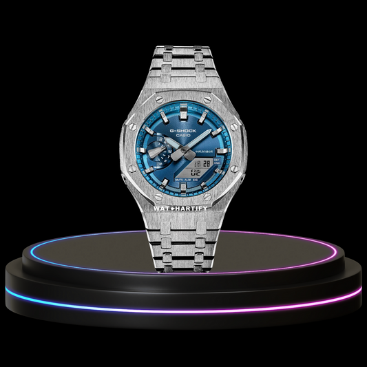 G-SHOCK Casio GA2100 | Silver Series Metallic Tiffany Deep Blue Dial Silver Marker | Stainless Steel Strap