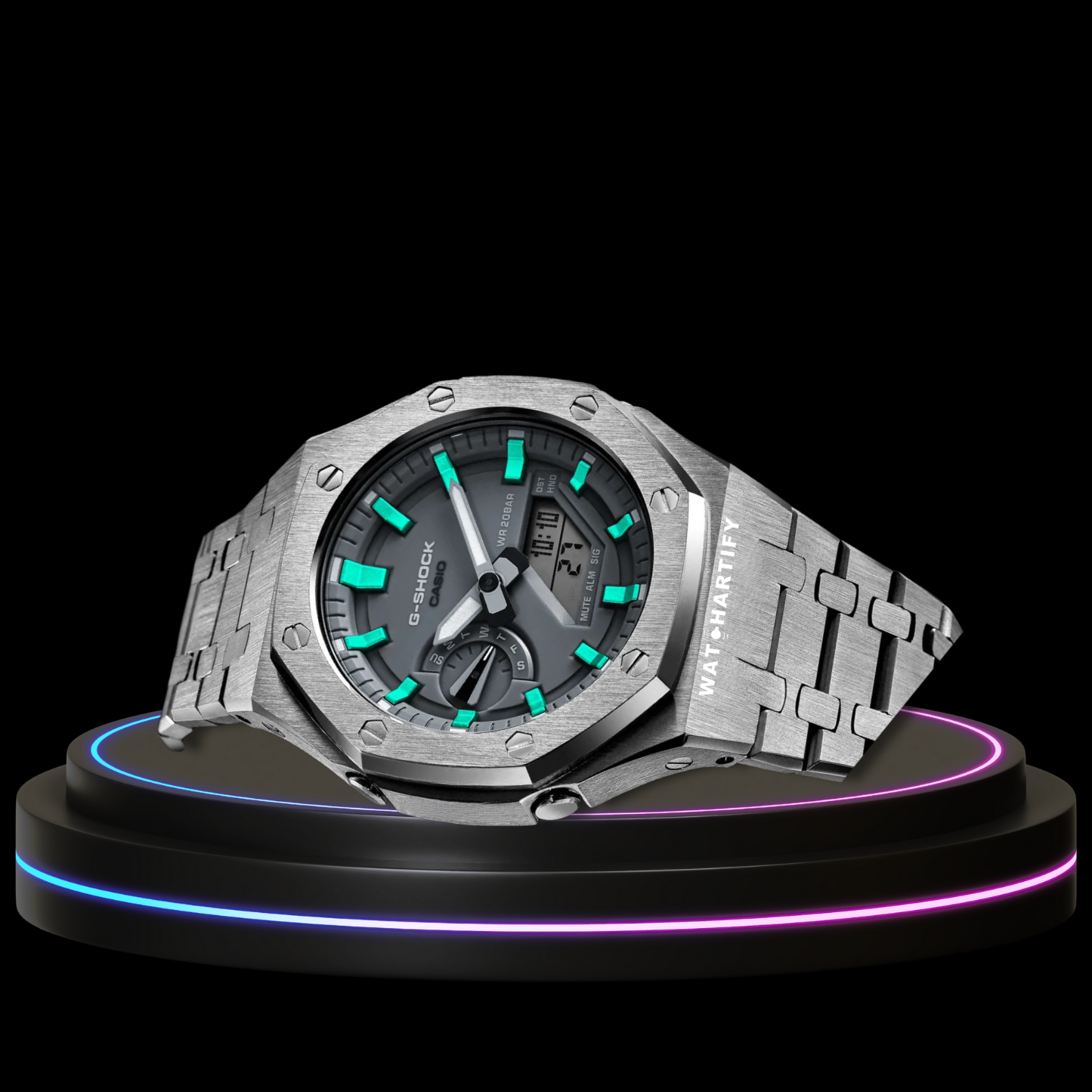 G-SHOCK Casio GA2100 | Silver Series Grey Dial Tiffany Blue Marker | Stainless Steel Strap