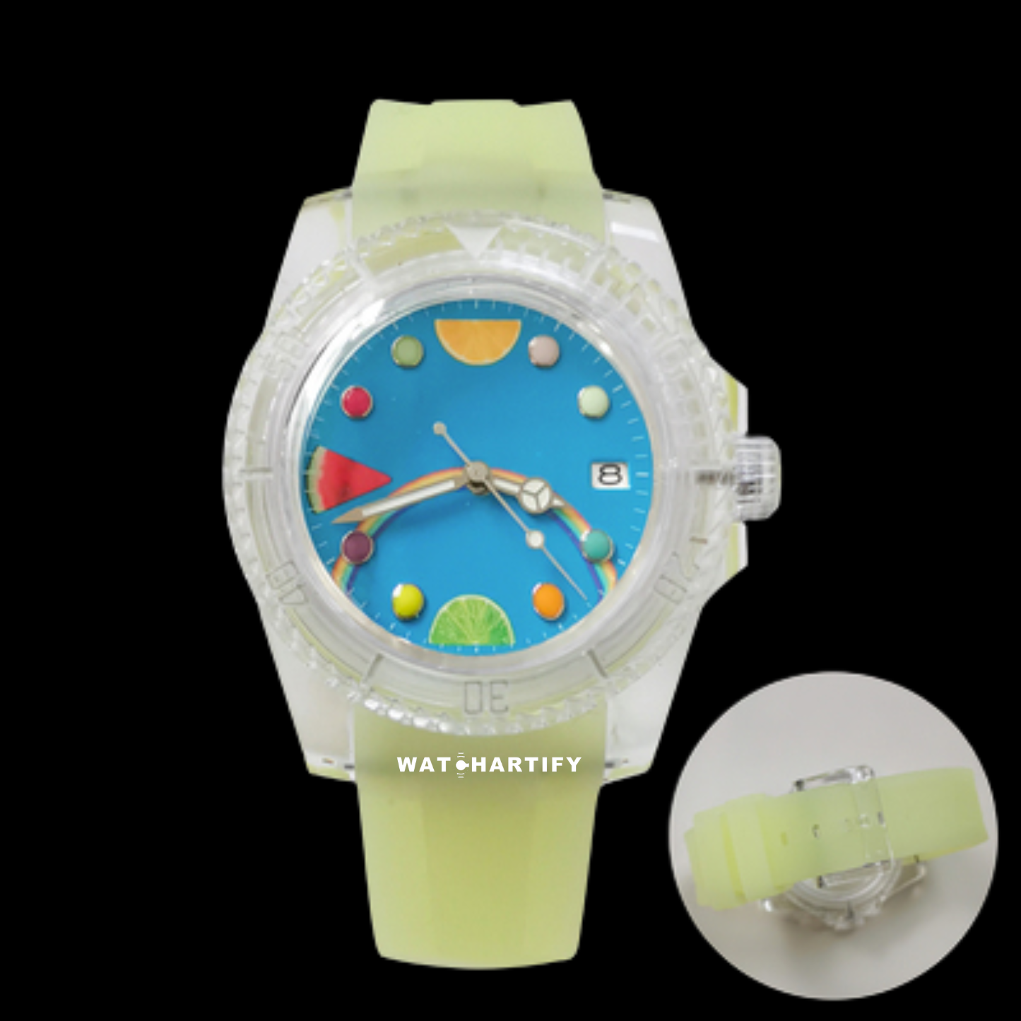 Watchartify Series Fruit Face 40MM NH35 Automatic Movement Luminous Transparent Light Yellow Rubber