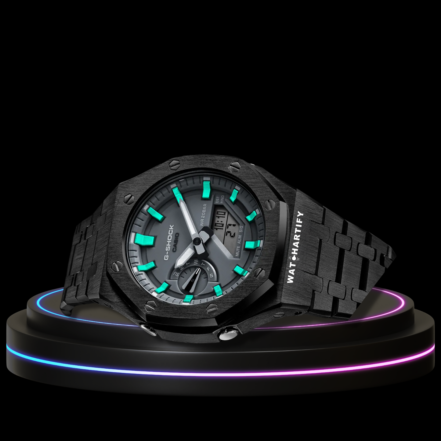 G-SHOCK Casio GA2100 | Black Series Grey Dial Tiffany Blue Marker | Dark Stainless Steel Strap