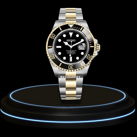 SEIKO Mod Submariner Collection Midnight Black  Dial Dark Gold Bezel NH35 Movement Silver Gold Stainless Steel Strap