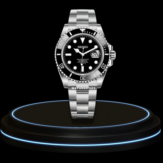 SEIKO Mod Submariner Collection Midnight Black White Points Dial Dark Bezel NH35 Movement Silver Stainless Steel Strap