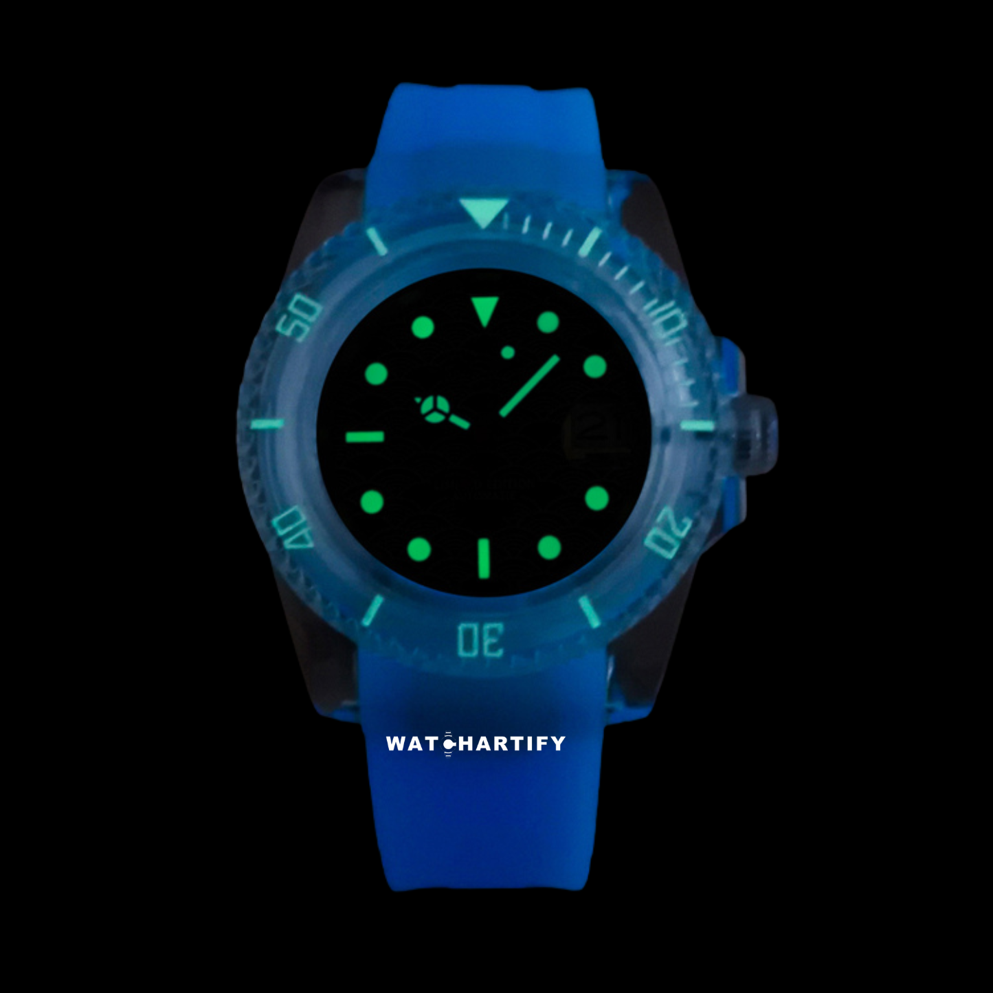 Watchartify Series Sea Blue Face 40MM NH35 Automatic Movement Luminous Transparent Blue Rubber