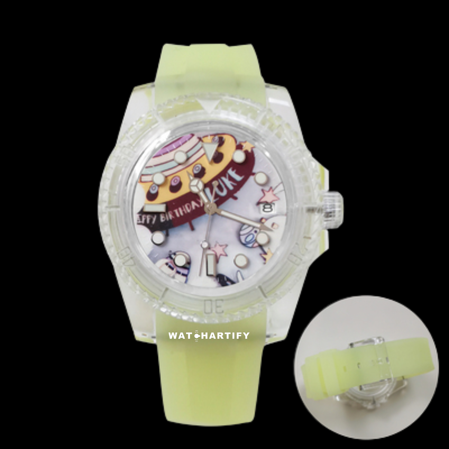 Watchartify Series Cartoon Face 40MM NH35 Automatic Movement Luminous Transparent Light Yellow Rubber