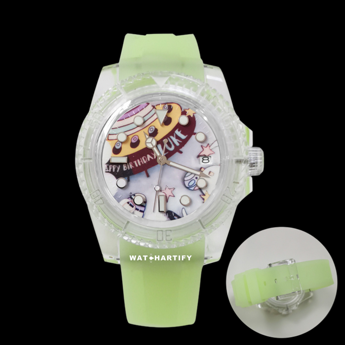 Watchartify Series Cartoon Face 40MM NH35 Automatic Movement Luminous Transparent Light Green Rubber