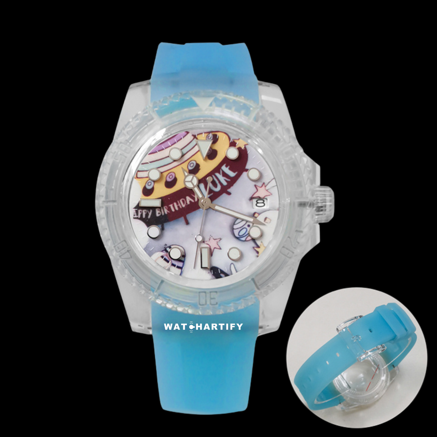 Watchartify Series Cartoon Face 40MM NH35 Automatic Movement Tiffany Blue Rubber