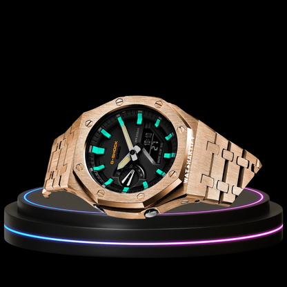 G-SHOCK Casio GA2100 | Rose Gold Series Midnight Black Dial Tiffany Blue Marker | Rose Gold Stainless Steel Strap