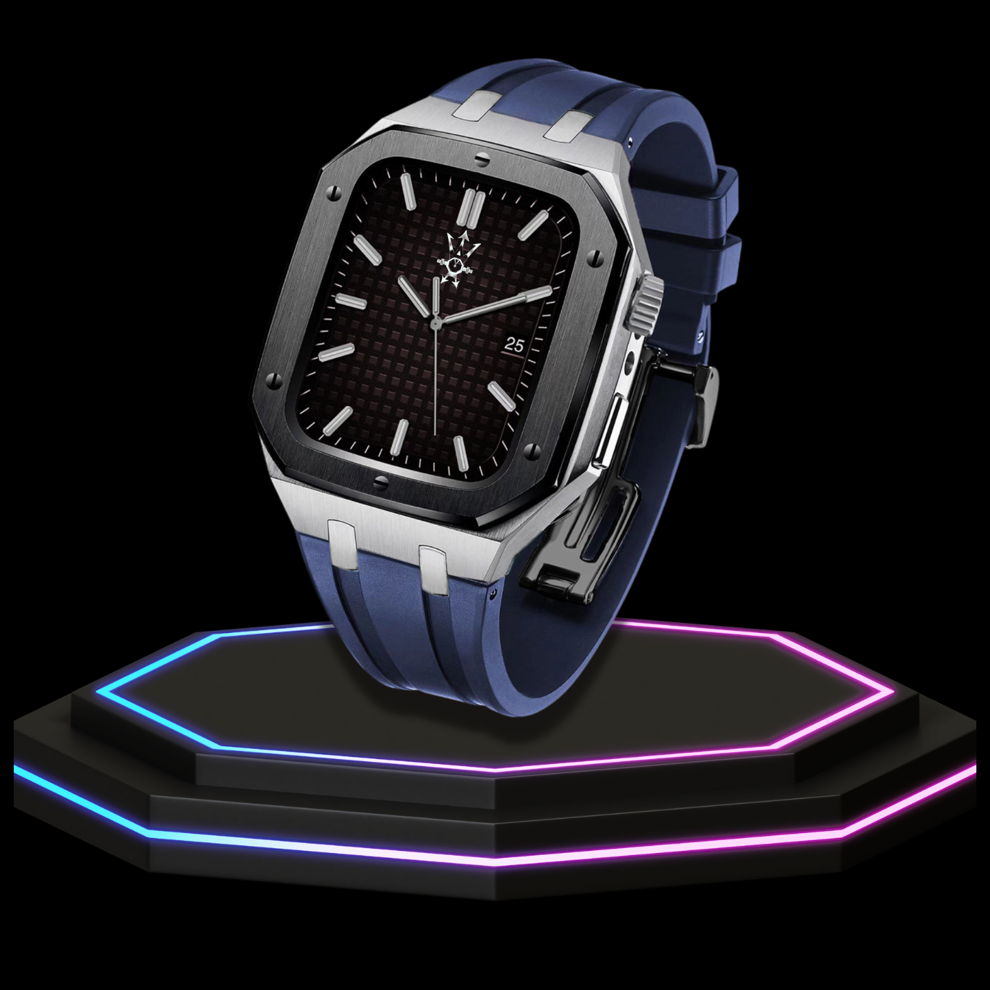 Apple Watch Case 45MM - GONDOLO Series Black Silver | Ocean Blue Rubber
