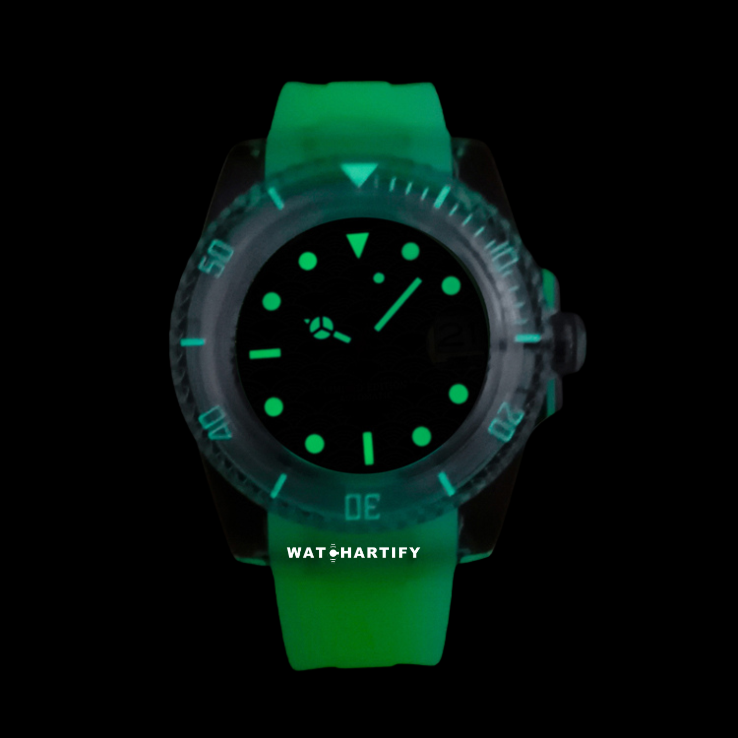 Watchartify Series Sea Face 40MM NH35 Automatic Movement Luminous Transparent Light Green Rubber