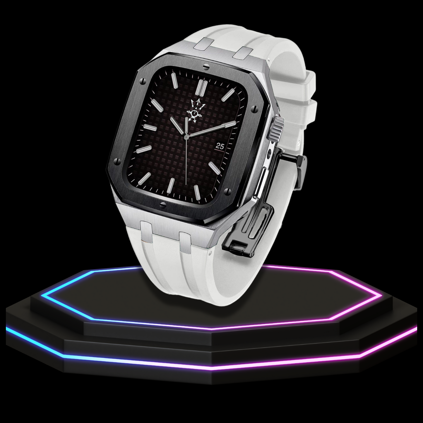 Apple Watch Case 45MM - GONDOLO Series Black Silver | Snow White Rubber