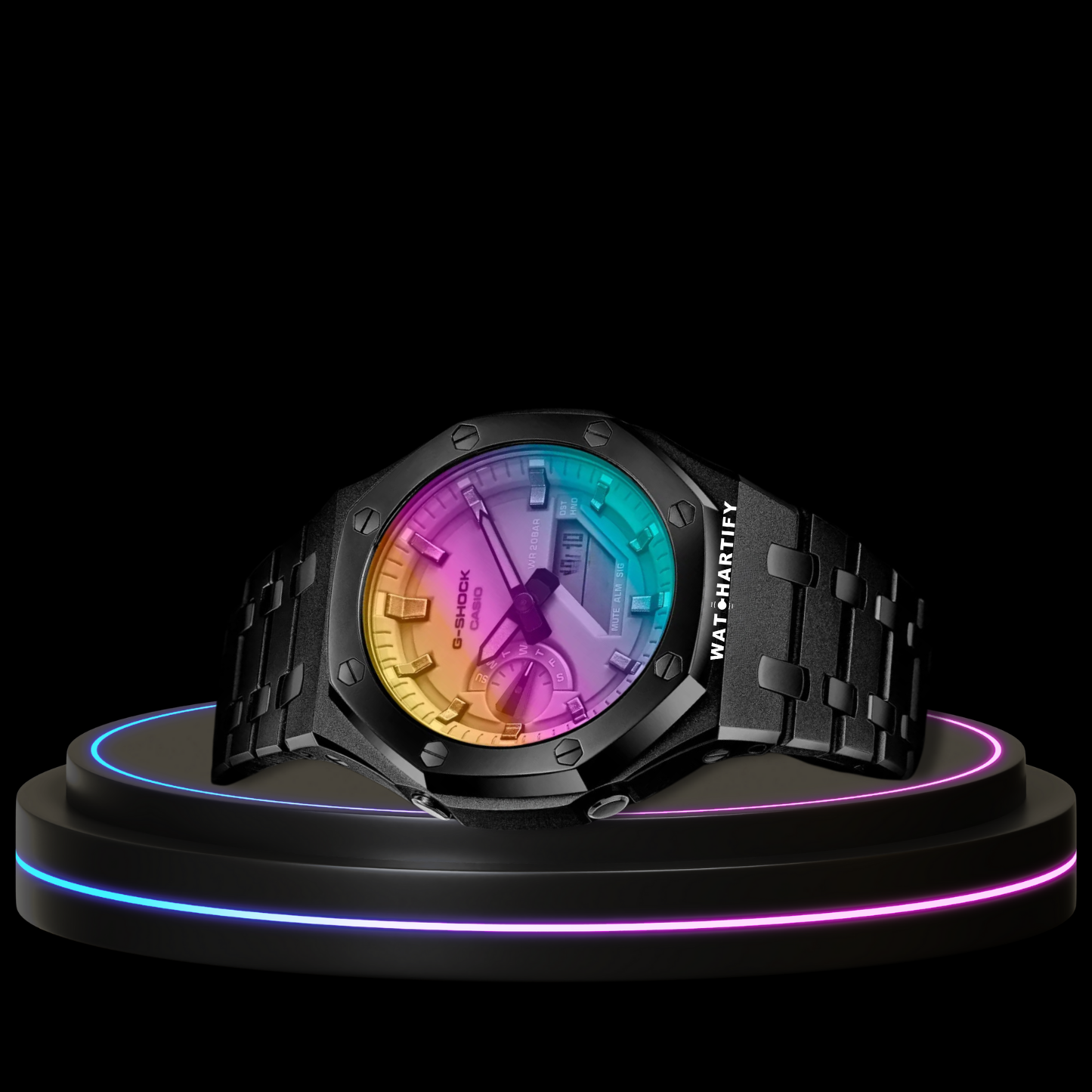 G-SHOCK Casio GA2100 | Black Series Rainbow Surface Dial | Midnight Black Stainless Steel Strap