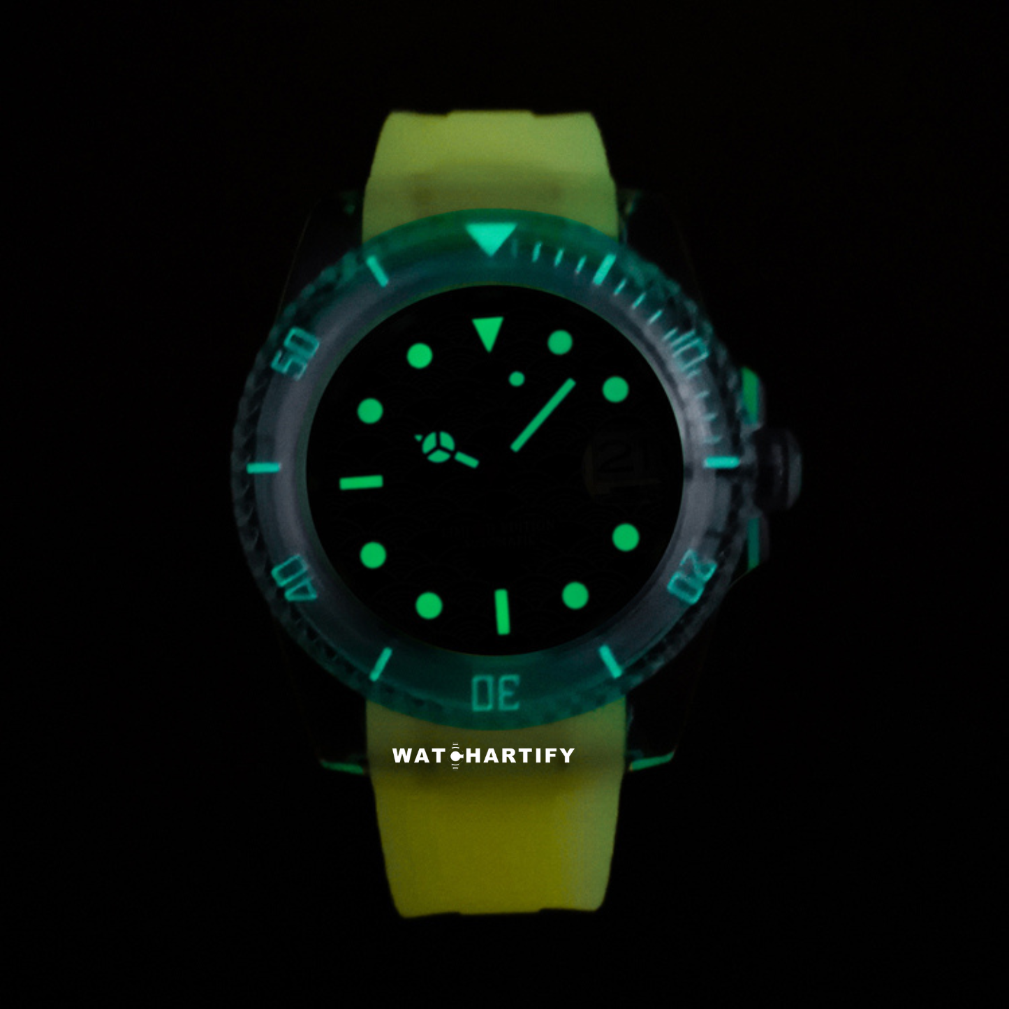 Watchartify Series Sea Blue Face 40MM NH35 Automatic Movement Luminous Transparent Light Yellow Rubber
