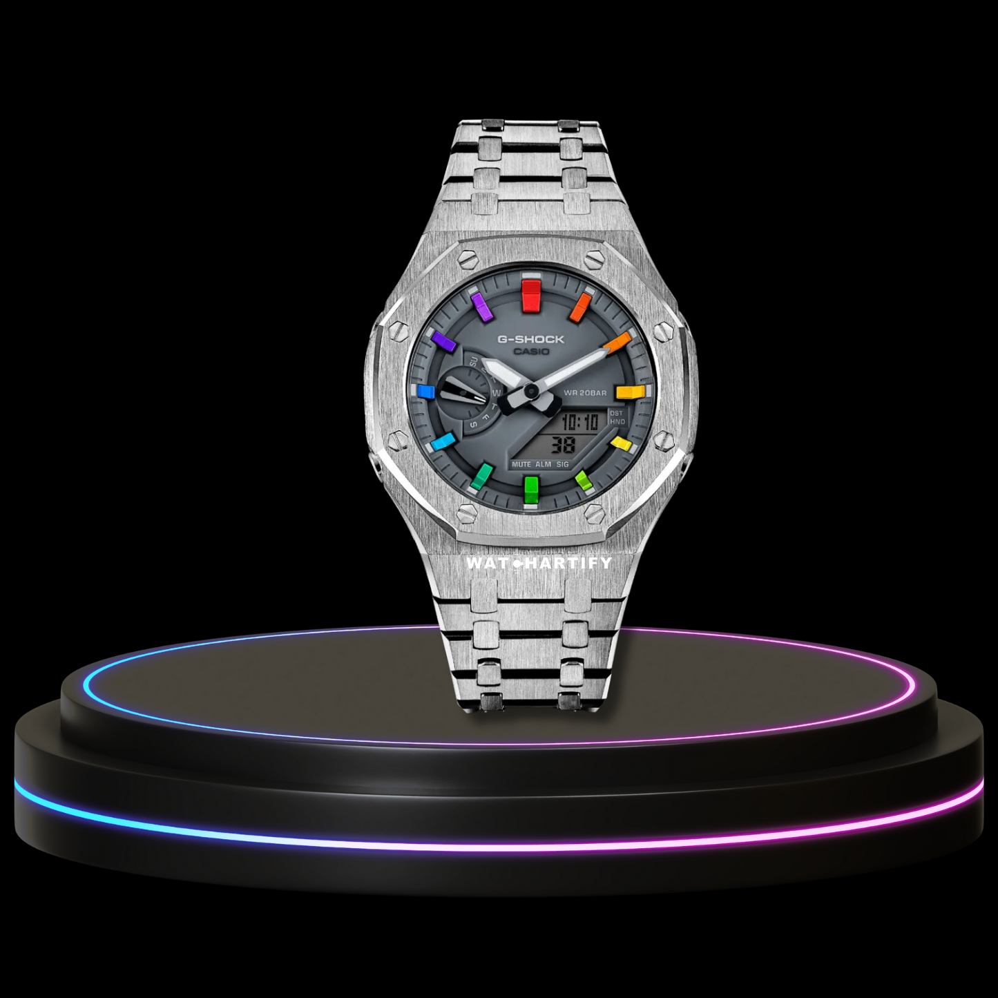 G-SHOCK Casio GA2100 | Silver Series Grey Dial Rainbow Marker | Silver Stainless Steel Strap