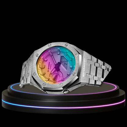 G-SHOCK Casio GA2100 | Silver Series Rainbow Surface Dial | Silver Stainless Steel Strap
