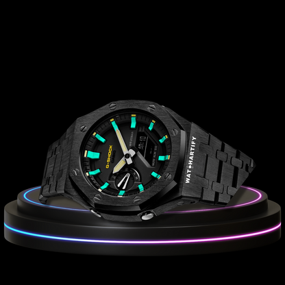 G-SHOCK Casio GA2100 | Black Series Midnight Black Dial Tiffany Blue Marker | Dark Stainless Steel Strap