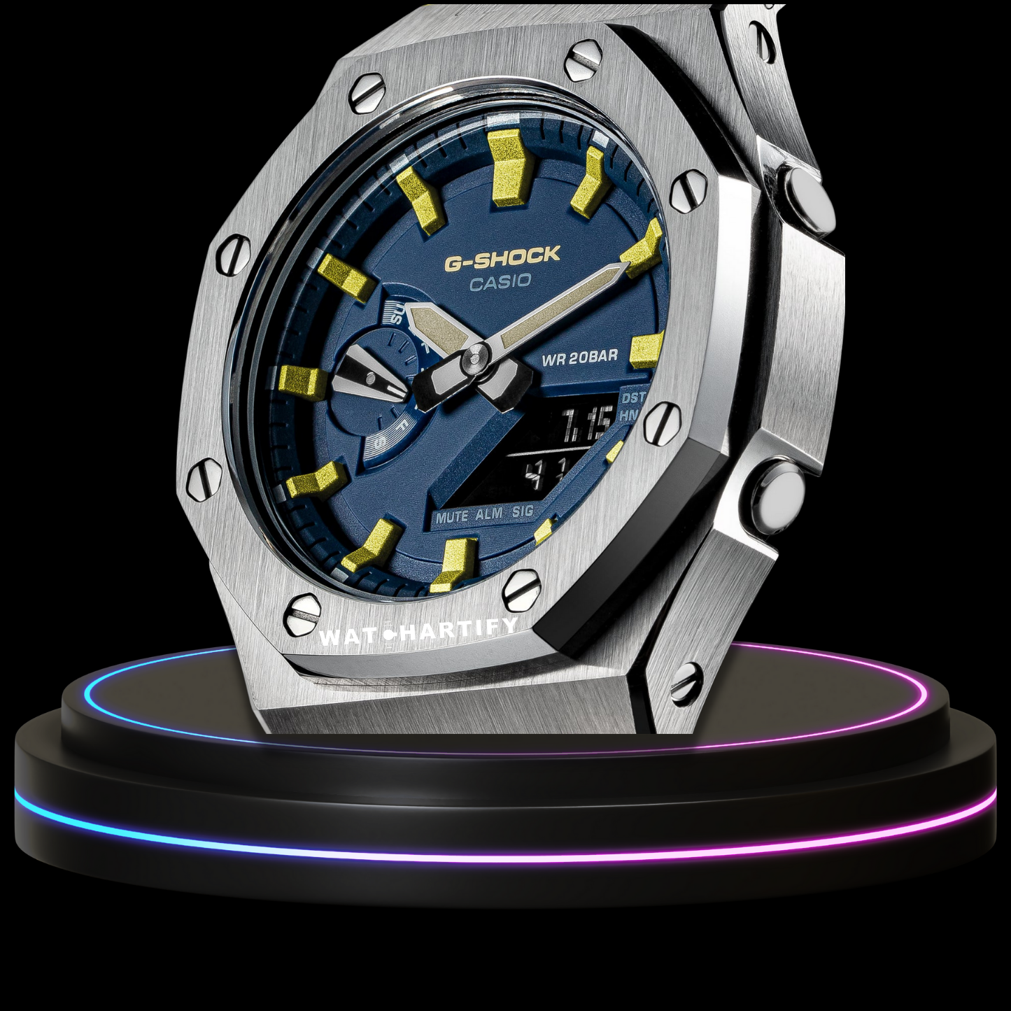 G-shock Classic Collection Mod Silver With Blue Face（Yellow strap, Yellow Time Marker）