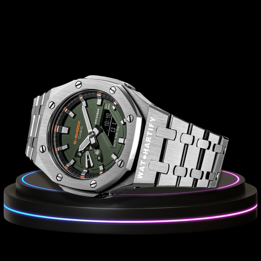 G-shock Classic Collection Mod Silver With Green Face(Silver Time Marker, Steel Belt)