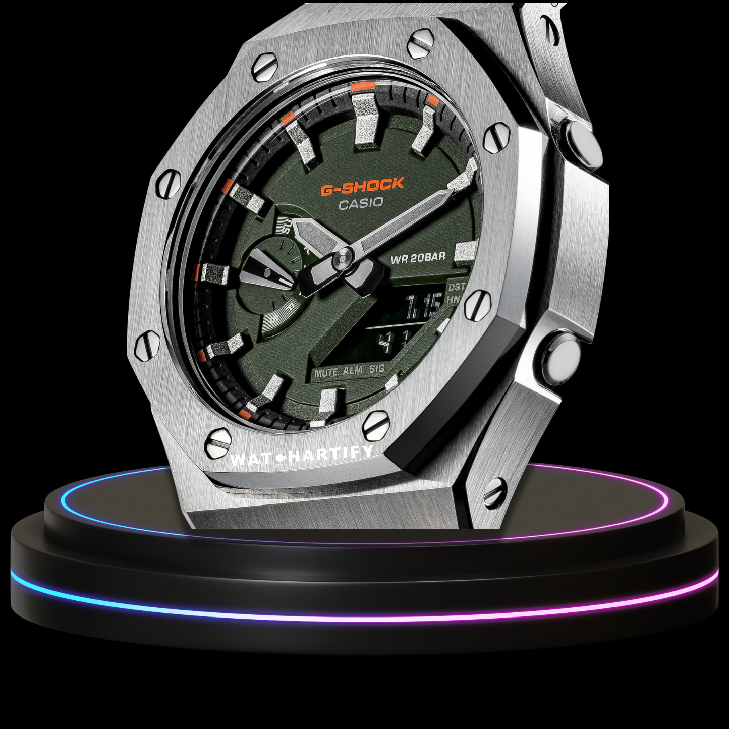 G-shock Classic Collection Mod Silver With Green Face(Silver Time Marker, Steel Belt)