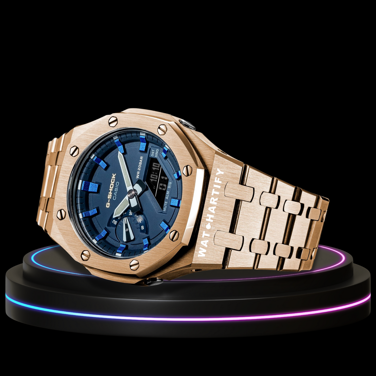 G-shock Royal Rose Gold Collection Mod Rose Gold With Blue Face (Metal strap, Ocean Time Marker)