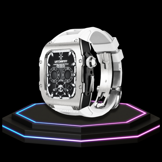Apple Watch Case 44MM - TITAN Series Royal Silver Midnight Black Titanium | Snow White Rubber