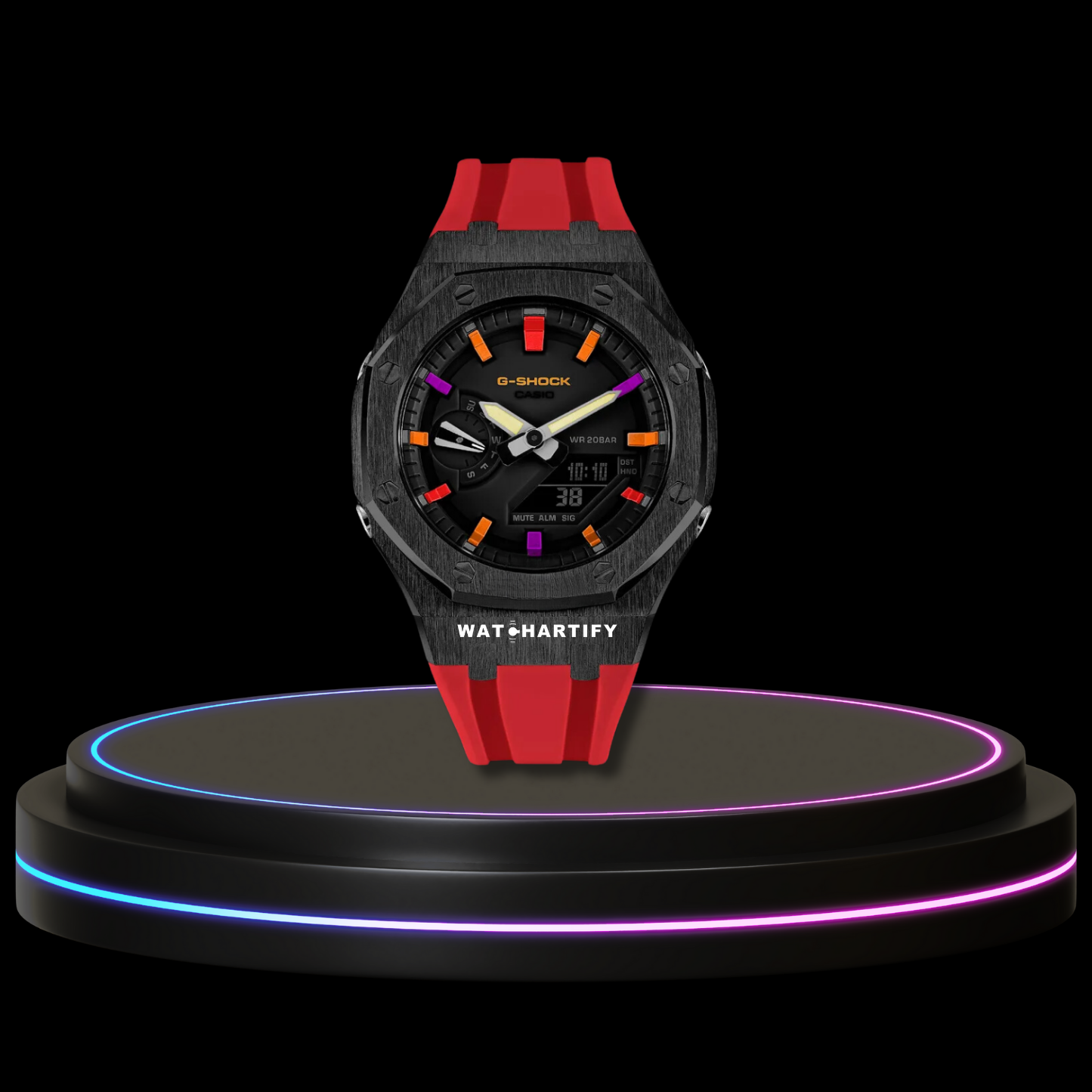 G-SHOCK Casio GA2100 | Black Series Midnight Black Dial Rainbow Marker | Red Rubber