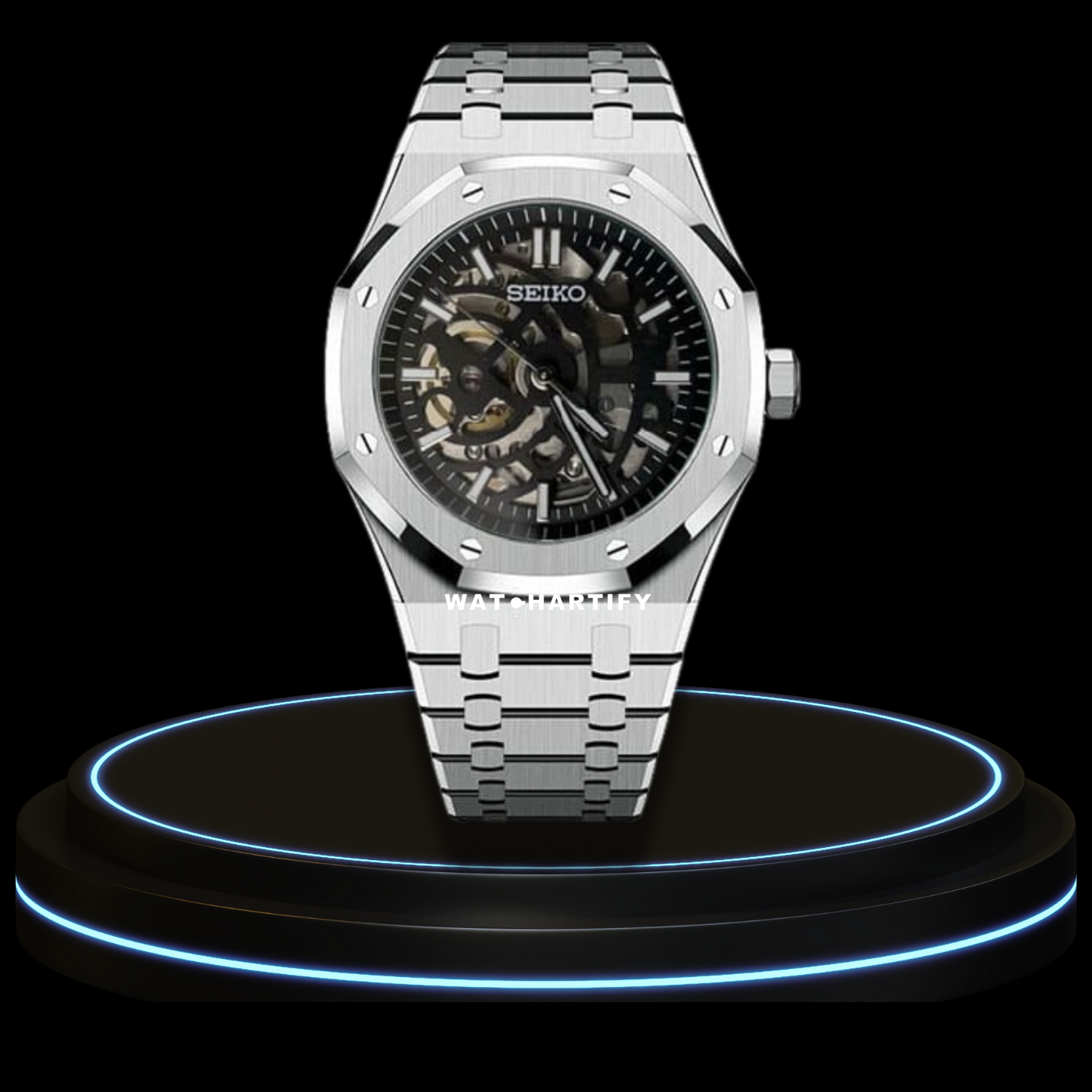 SEIKO Mod Royal Oak Collection Midnight Black Skeleton Dial NH35 Movement Silver Stainless Steel Strap
