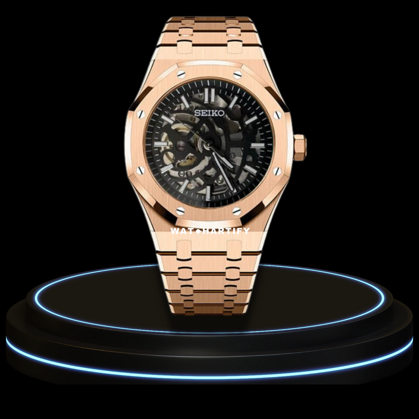 SEIKO Mod Royal Oak Collection Midnight Black Skeleton Dial Rose Gold B eel NH35 Movement Rose Gold Stainless Steel Strap