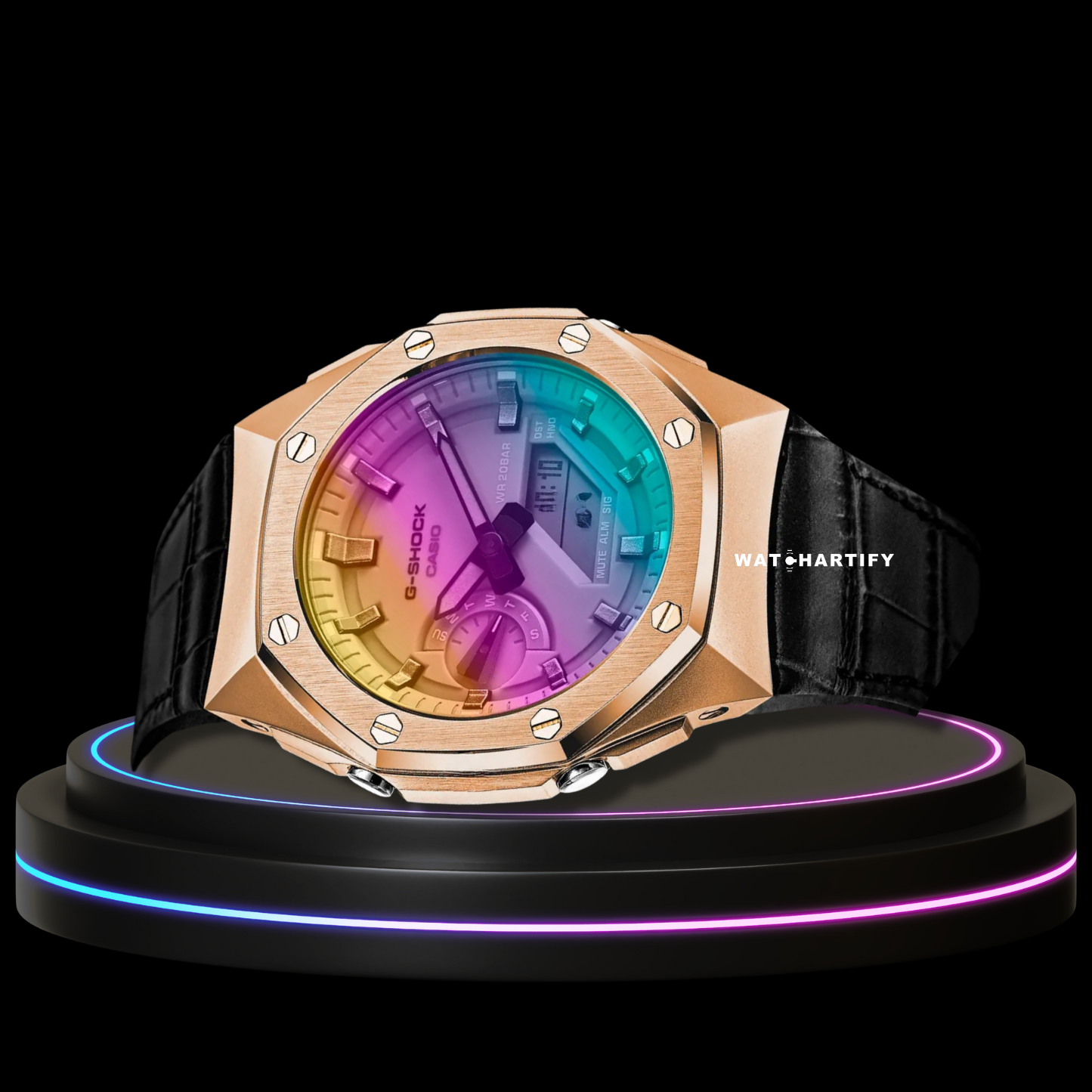 G-SHOCK Casio GA2100 | SPORT Series Rainbow Pro Rose Gold Mod Rainbow Dial | Dark Leather