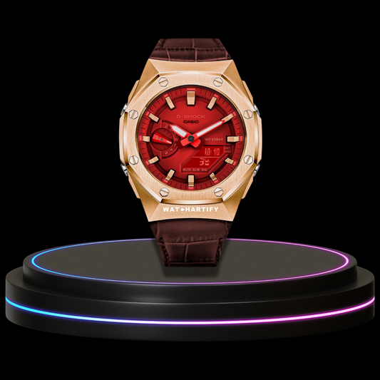 G-SHOCK Casio GA2100 | SPORT Series Rose Gold Mod Scarlet Red Dial | Brown Leather