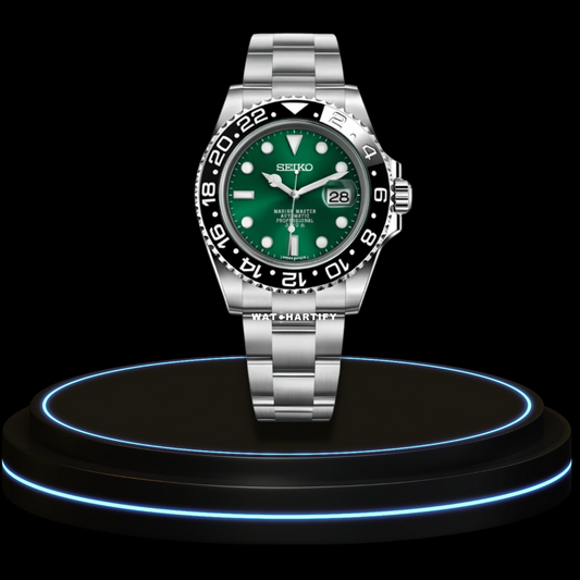 SEIKO Mod GMT Collection Green Dial Dark Bezel NH35 Movement Silver Stainless Steel Strap